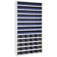 Kovový regál s děliči a boxy Manutan Expert, 198 x 100 x 30 cm, 12 polic