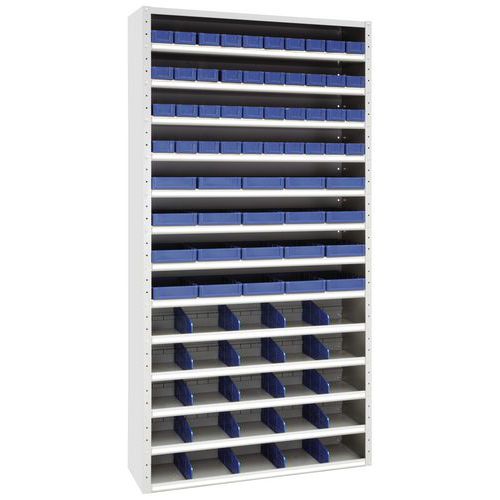 Kovový regál s děliči a boxy Manutan Expert, 198 x 100 x 30 cm, 12 polic Kovový regál s děliči a boxy Manutan Expert, 198 x 100 x 30 cm, 12 polic