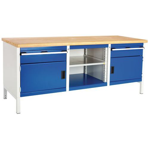 Dílenský stůl Bott Cubio Storage, 84 x 200 x 75 cm, 2 skříňky, 2 zásuvky, otevřený prostor s policí