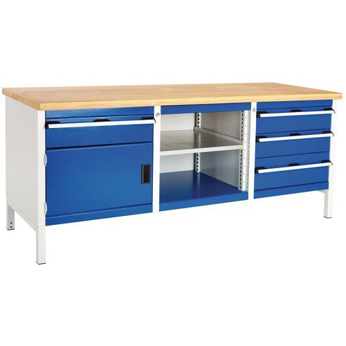 Dílenský stůl Bott Cubio Storage, 84 x 200 x 75 cm, 1 skříňky, 4 zásuvky, otevřený prostor s policí