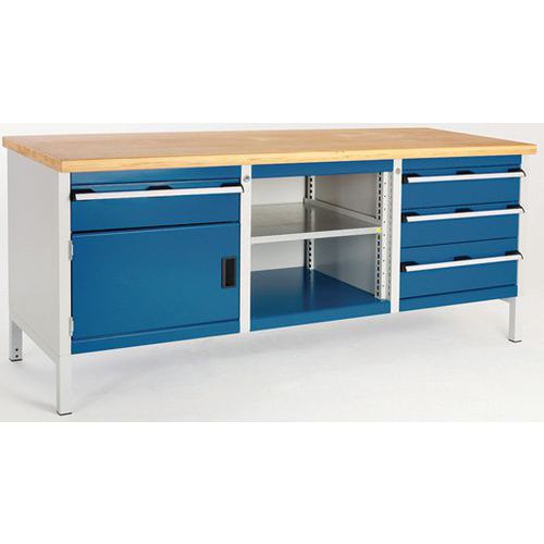 Dílenský stůl Bott Cubio Storage, 84 x 200 x 75 cm, 1 skříňky, 4 zásuvky, otevřený prostor s policí