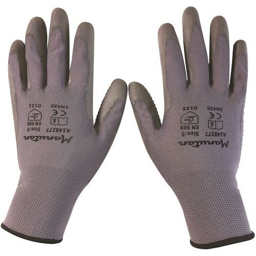 Nylonové rukavice Manutan s terčíky polomáčené v polyuretanu, šedé