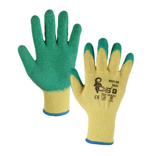 Polyesterové rukavice CXS polomáčené v latexu, zelené/žluté