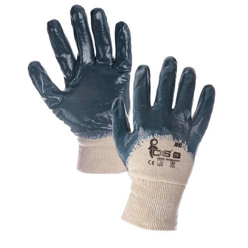 Bavlněné rukavice CXS polomáčené v nitrilu, modré/bílé