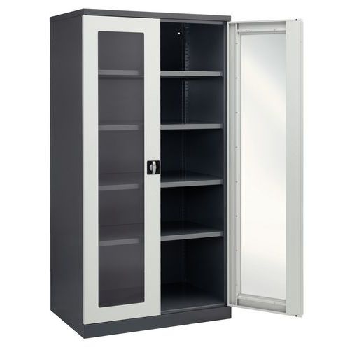 Kovová dílenská skříň s prosklenými dveřmi Sofame, 4 police, 195 x 100 x 66,5 cm, šedá/tmavě šedá