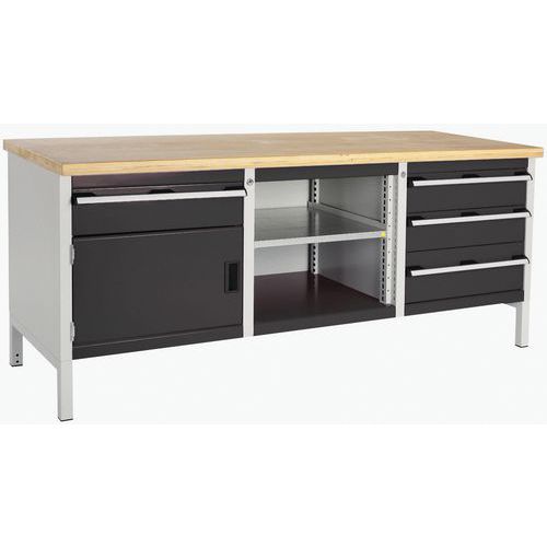 Dílenský stůl Bott Cubio Storage, 84 x 200 x 75 cm, 1 skříňky, 4 zásuvky, otevřený prostor s policí