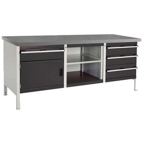 Dílenský stůl Bott Cubio Storage, 84 x 200 x 75 cm, 1 skříňky, 4 zásuvky, otevřený prostor s policí