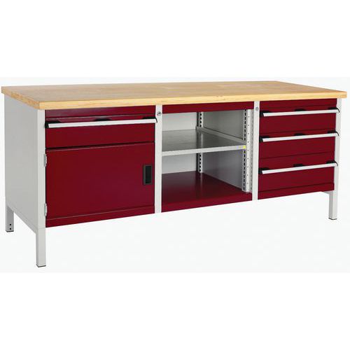 Dílenský stůl Bott Cubio Storage, 84 x 200 x 75 cm, 1 skříňky, 4 zásuvky, otevřený prostor s policí
