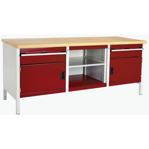 Dílenský stůl Bott Cubio Storage, 84 x 200 x 75 cm, 2 skříňky, 2 zásuvky, otevřený prostor s policí