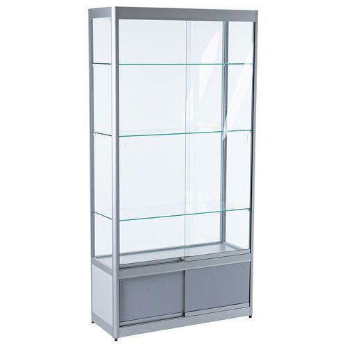 Skleněné produktové vitríny s úložným prostorem Manutan Expert, 200 x 100 x 40 cm