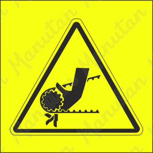Výstražná tabulka - Výstraha nebezpečí vtažení ruky řetězem nebo ozubeným řemenem