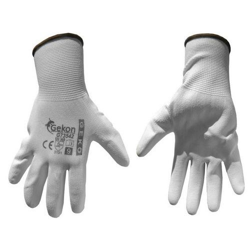 Ochranné rukavice bílé z pletené bavlny, polomáčené v PU, GEKO