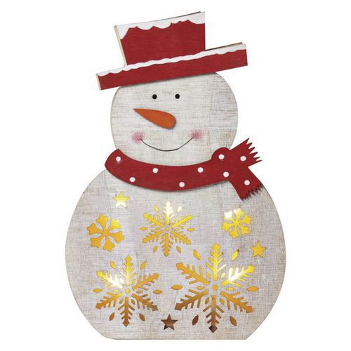 LED vánoční sněhulák dřevěný, 30 cm, 2xAA, vnitřní, teplá bílá, časovač