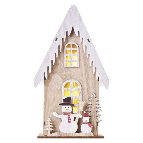 LED dekorace dřevěná - domek se sněhuláky, 28,5 cm, 2xAA, vnitřní, teplá bílá, časovač