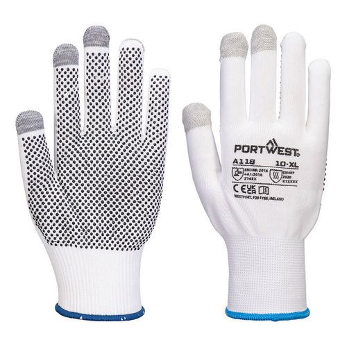 Rukavice Grip 13 PVC s tečkami pro dotykové displeje (Pk12), bílá/šedá