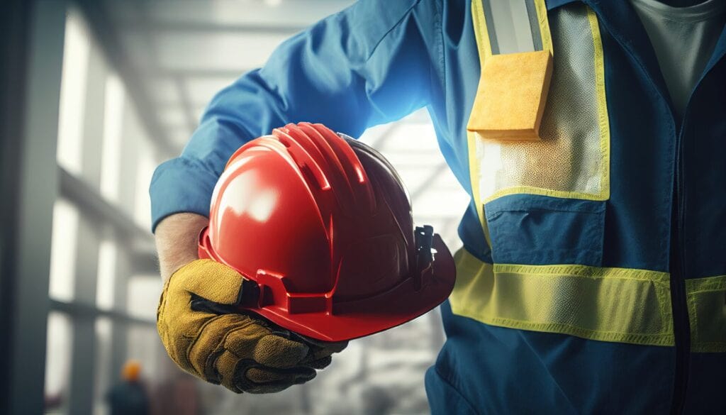 Builder with a red helmet and working gloves on the building sit