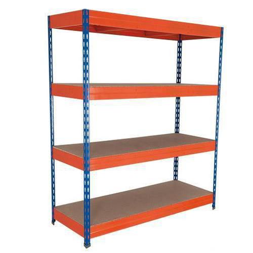 Manutan Kovový regál Rapid 3, 250 x 180 x 60 cm, 375 kg/police, 4 dřevovláknité HDF police, modrý/oranžový - Prodloužená záruka na 10 let