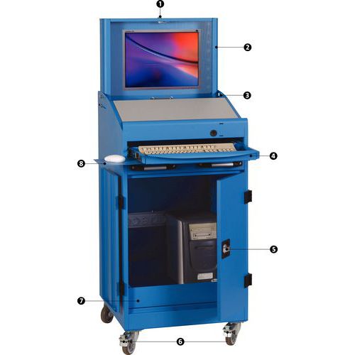 1 - fermeture par serrure à clé2 - support écran3 - réglage de l'inclinaison4 - tiroir à extension totale5 - fermeture par serrure encastrée6 - 2 roulettes pivotantes à frein7 - tiroir télescopi 1 - fermeture par serrure à clé2 - support écran3 - réglage de l'inclinaison4 - tiroir à extension totale5 - fermeture par serrure encastrée6 - 2 roulettes pivotantes à frein7 - tiroir télescopi