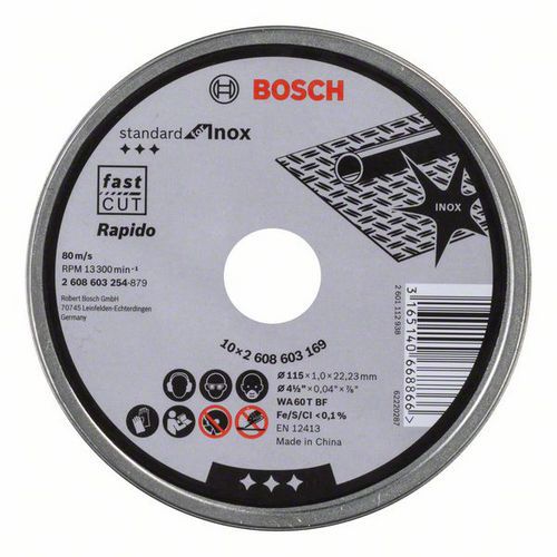 Bosch - Řezný kotouč rovný Standard for Inox - Rapido WA 60 T BF, 115 mm, 22,23 mm, 1,0 mm, 10ks x 10 BAL