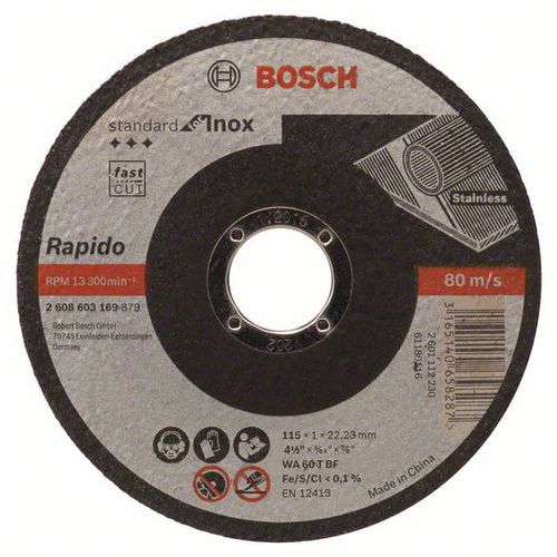 Bosch - Řezný kotouč rovný Standard for Inox - Rapido WA 60 T BF, 115 mm, 22,23 mm, 1,0 mm, 50 BAL