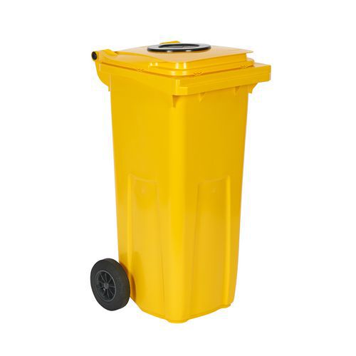 Plastová venkovní popelnice na tříděný odpad s otvorem, objem 120 l, žlutá